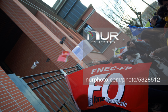 High school teachers gathered in front of the Board of Education of Haute Garonne. They throwed old schoolbooks in the backyard of the Board...