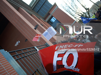 High school teachers gathered in front of the Board of Education of Haute Garonne. They throwed old schoolbooks in the backyard of the Board...