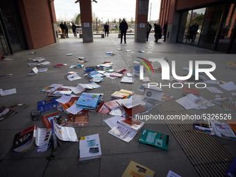 High school teachers gathered in front of the Board of Education of Haute Garonne. They throwed old schoolbooks in the backyard of the Board...