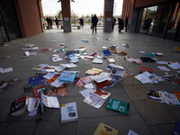 High school teachers gathered in front of the Board of Education of Haute Garonne. They throwed old schoolbooks in the backyard of the Board...