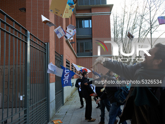 High school teachers gathered in front of the Board of Education of Haute Garonne. They throwed old schoolbooks in the backyard of the Board...