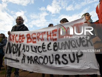 The banner reads 'No the Blanquer's highschool and to Parcour'Sup'. High school teachers gathered in front of the Board of Education of Haut...