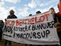 The banner reads 'No the Blanquer's highschool and to Parcour'Sup'. High school teachers gathered in front of the Board of Education of Haut...