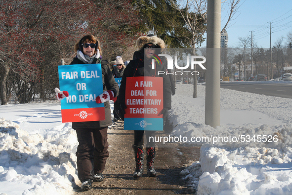 Ontario public elementary school teachers picket while striking on January 20, 2020 in Toronto, Ontario, Canada. All four major teachers uni...