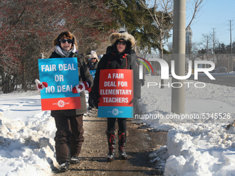 Ontario public elementary school teachers picket while striking on January 20, 2020 in Toronto, Ontario, Canada. All four major teachers uni...