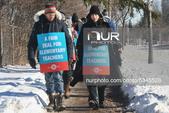 Ontario public elementary school teachers picket while striking on January 20, 2020 in Toronto, Ontario, Canada. All four major teachers uni...