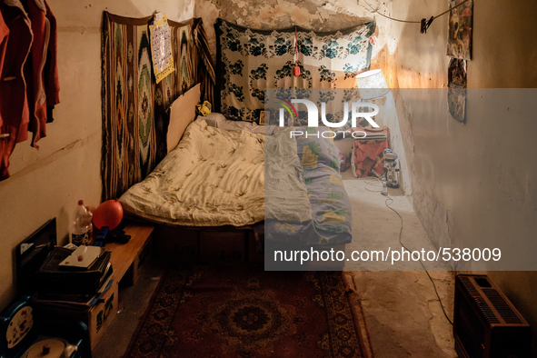 Inside one of the room. Typical bed in the bunker; made of empty cardboard box.  Last 12 and 15 of April 2015, with the help of Tomas Vlach,...