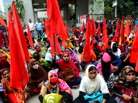 Garments workers of Jharna Knitwear Limited stage a demonstration in front of Department of Labor building demanding their due payment and e...