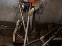 Prosthetic boots and crutches for children in the Bombuaka workshop of prostheses, Togo (