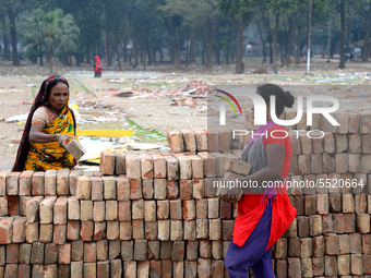 Bangladeshi woman daily labor works in a contraction site in Dhaka, Bangladesh, on March 7, 2020. Each woman labor earn 4.71 US dollar or 40...