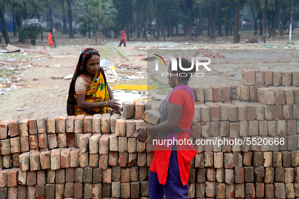 Bangladeshi woman daily labor works in a contraction site in Dhaka, Bangladesh, on March 7, 2020. Each woman labor earn 4.71 US dollar or 40...