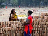 Bangladeshi woman daily labor works in a contraction site in Dhaka, Bangladesh, on March 7, 2020. Each woman labor earn 4.71 US dollar or 40...