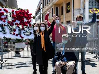 Syndicate members holding a wreath in order to lay it on the Taksim square Freedom monument for the May Day celebrations on 1 May, 2020, in...