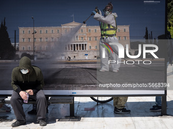 People wearing mask protest on International Worker's Day during the curfew due to Coronavirus (Covid-19) pandemic in Athens, Greece on May...