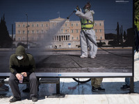 People wearing mask protest on International Worker's Day during the curfew due to Coronavirus (Covid-19) pandemic in Athens, Greece on May...