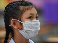 A elementary school student wears a face mask as a preventive measure in a class is a demonstration of learning amid the pandemic of the cor...