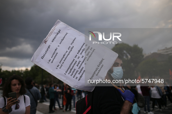 Teachers and students take part in a protest march against the new education multi-bill, in Thessaloniki, Greece, on 1 June 2020. 