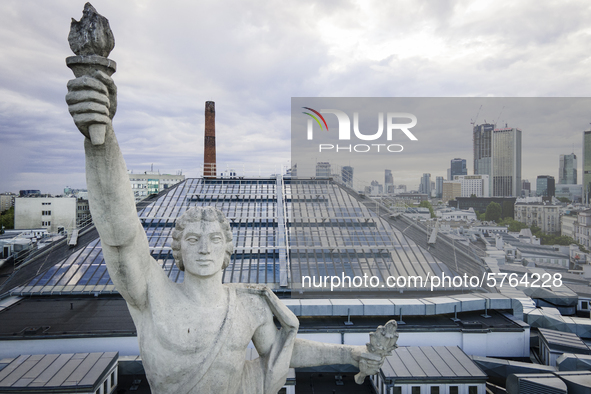 A sculpture on top of the main building of the Warsaw University of Technology, the Gmach Główny Politechniki Warszawskiej
is seen in Warsaw...