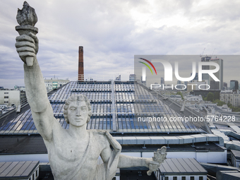 A sculpture on top of the main building of the Warsaw University of Technology, the Gmach Główny Politechniki Warszawskiej
is seen in Warsaw...