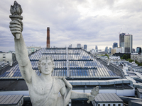 A sculpture on top of the main building of the Warsaw University of Technology, the Gmach Główny Politechniki Warszawskiej
is seen in Warsaw...