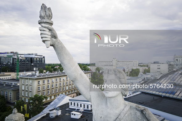 A sculpture on top of the main building of the Warsaw University of Technology, the Gmach Główny Politechniki Warszawskiej
is seen in Warsaw...