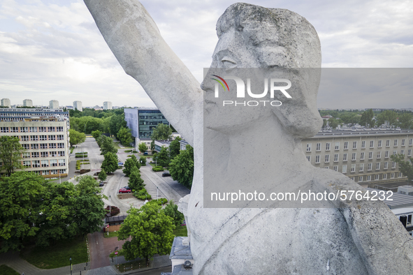 A sculpture on top of the main building of the Warsaw University of Technology, the Gmach Główny Politechniki Warszawskiej
is seen in Warsaw...