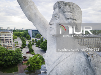 A sculpture on top of the main building of the Warsaw University of Technology, the Gmach Główny Politechniki Warszawskiej
is seen in Warsaw...