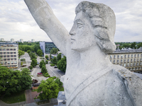 A sculpture on top of the main building of the Warsaw University of Technology, the Gmach Główny Politechniki Warszawskiej
is seen in Warsaw...