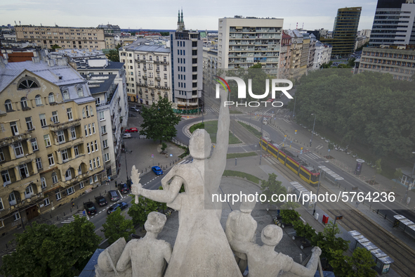 A sculpture on top of the main building of the Warsaw University of Technology, the Gmach Główny Politechniki Warszawskiej
is seen overlooki...