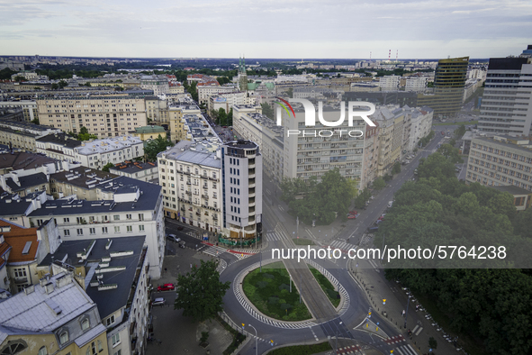 An aerial view of the city center looking towards the East is seen in Warsaw, Poland on June 6, 2020. 