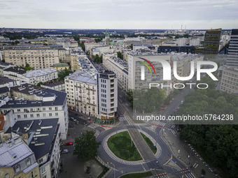 An aerial view of the city center looking towards the East is seen in Warsaw, Poland on June 6, 2020. (