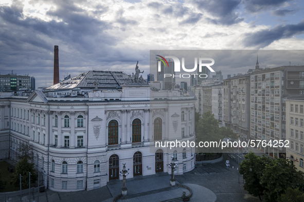 The main building of the Warsaw University of Technology or Warszawa Politechnika is seen in Warsaw, Poland on June 6, 2020. The main buildi...