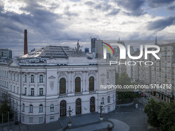 The main building of the Warsaw University of Technology or Warszawa Politechnika is seen in Warsaw, Poland on June 6, 2020. The main buildi...