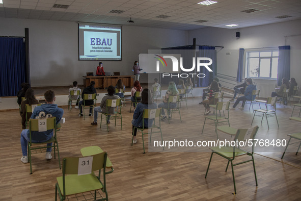 An information class to face the entrance exam to the university, EBAU, keeping the safety distances between students  in Norena, Spain, on...