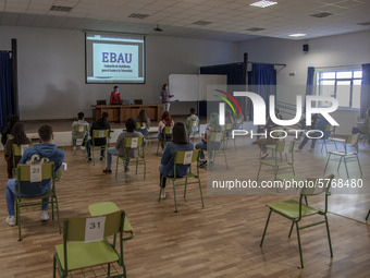 An information class to face the entrance exam to the university, EBAU, keeping the safety distances between students  in Norena, Spain, on...