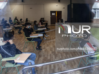 An information class to face the entrance exam to the university, EBAU, keeping the safety distances between students  in Norena, Spain, on...