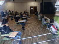 An information class to face the entrance exam to the university, EBAU, keeping the safety distances between students  in Norena, Spain, on...