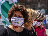 Members of the CGIL, CISL, UIL and GILDA unions, from the school sector, protested against the government of Giuseppe Conte in front of the...