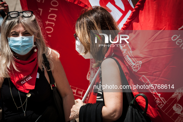 Members of major teachers' trade unions stage a demonstration in front of the Ministry of Education on June 8, 2020 in Rome, Italy as the co...