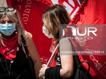 Members of major teachers' trade unions stage a demonstration in front of the Ministry of Education on June 8, 2020 in Rome, Italy as the co...