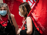 Members of major teachers' trade unions stage a demonstration in front of the Ministry of Education on June 8, 2020 in Rome, Italy as the co...