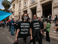 Members of major teachers' trade unions stage a demonstration in front of the Ministry of Education on June 8, 2020 in Rome, Italy as the co...