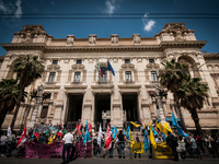 Members of major teachers' trade unions stage a demonstration in front of the Ministry of Education on June 8, 2020 in Rome, Italy as the co...