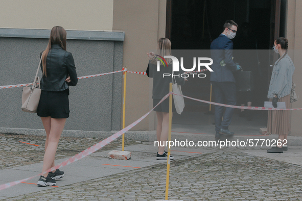 Students of the 12th high school are waiting for entry for the matura exam during pandemic on June 9, 2020 in Wroclaw, Poland. 