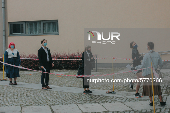 Students of the 12th high school are waiting for entry for the matura exam during pandemic on June 9, 2020 in Wroclaw, Poland. 