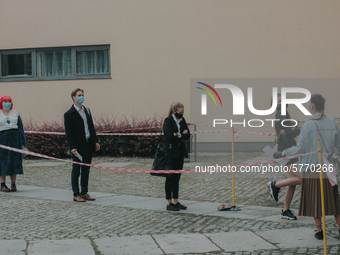 Students of the 12th high school are waiting for entry for the matura exam during pandemic on June 9, 2020 in Wroclaw, Poland. (