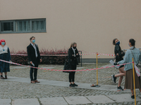 Students of the 12th high school are waiting for entry for the matura exam during pandemic on June 9, 2020 in Wroclaw, Poland. (