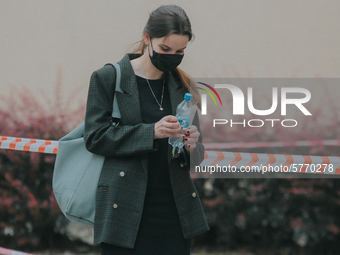 Students of the 12th high school are waiting for entry for the matura exam during pandemic on June 9, 2020 in Wroclaw, Poland. (