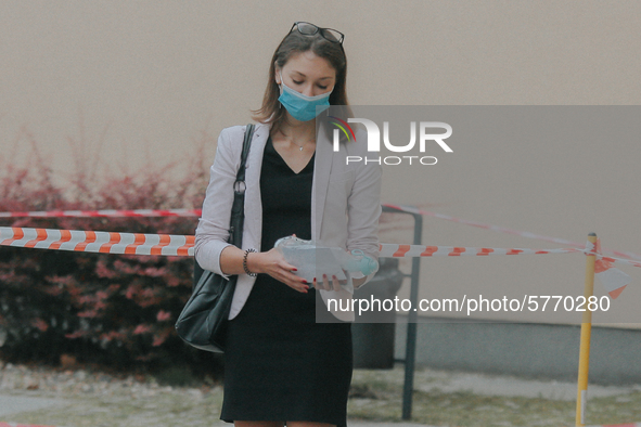 Students of the 12th high school are waiting for entry for the matura exam during pandemic on June 9, 2020 in Wroclaw, Poland. 