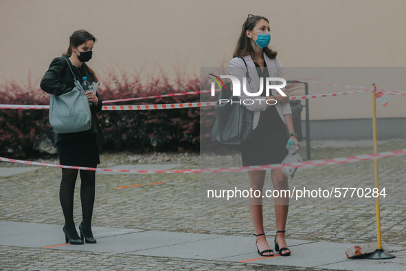 Students of the 12th high school are waiting for entry for the matura exam during pandemic on June 9, 2020 in Wroclaw, Poland. 